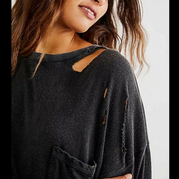FREE PEOPLE WE THE FREE WASHED BLACK SHORT SLEEVE OVERSIZED DISTRESS RUBI TEE - Picture 3 of 4